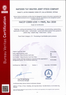 Tay Nguyen factory's haccp certification